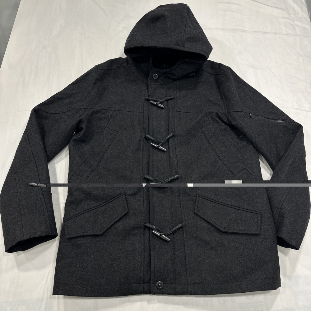 Mens Express Classic Black Wool Blend Hooded Toggle Coat Size Large